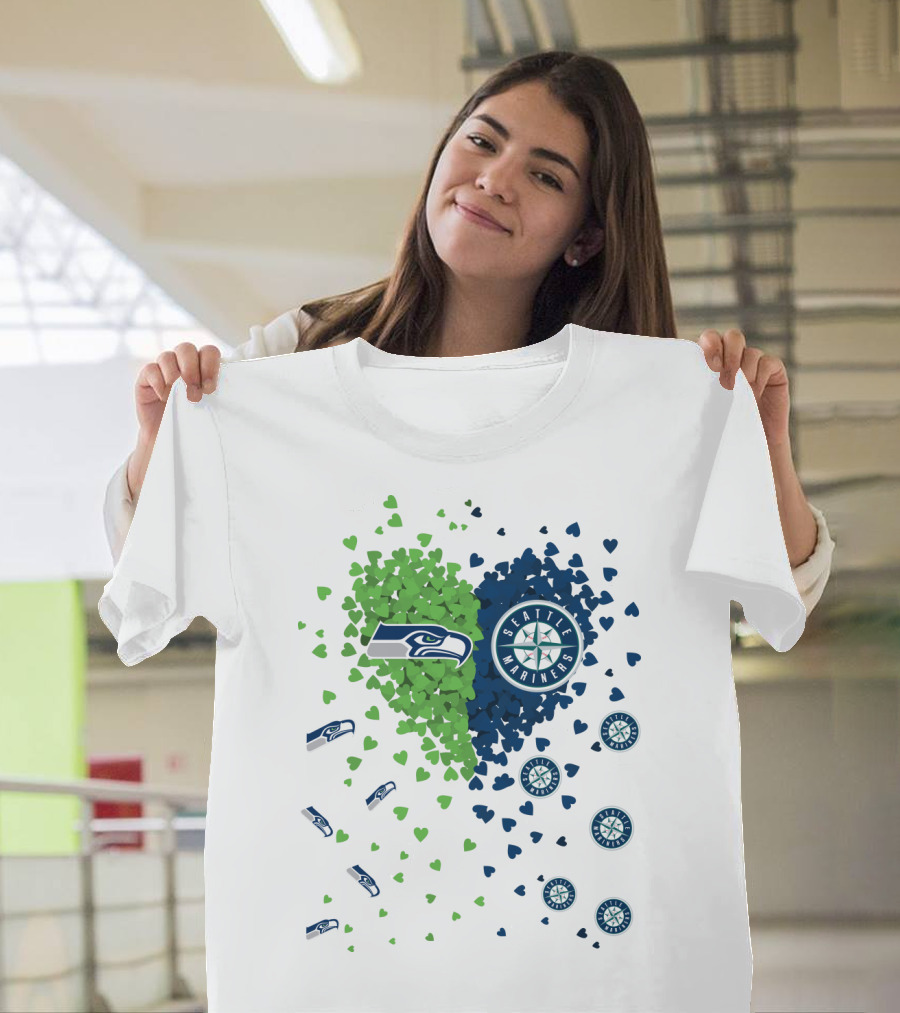 Seahawks Mariners Heart Design with Logos and Hearts T-Shirt