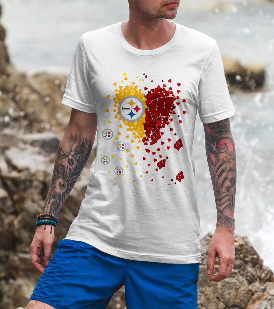 Steelers Logo And University Of Wisconsin Badgers Heart Design Featuring Yellow And Red Hearts T-Shirt