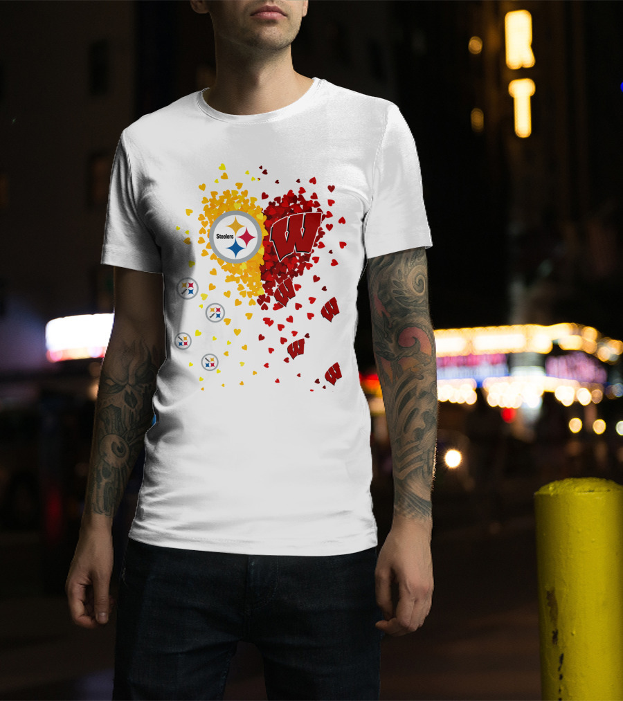 Steelers Logo And University Of Wisconsin Badgers Heart Design Featuring Yellow And Red Hearts T-Shirt