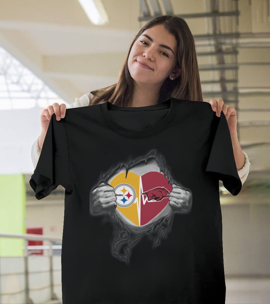 Pittsburgh Steelers Arkansas Razorbacks Heart Logo Fan Crossover T-Shirt