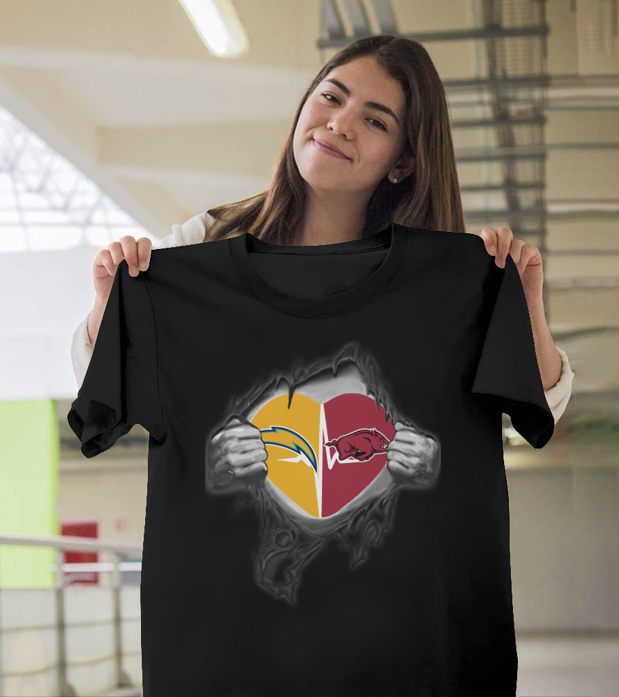 Los Angeles Chargers Arkansas Razorbacks Heart Tear Logo Fusion T-Shirt