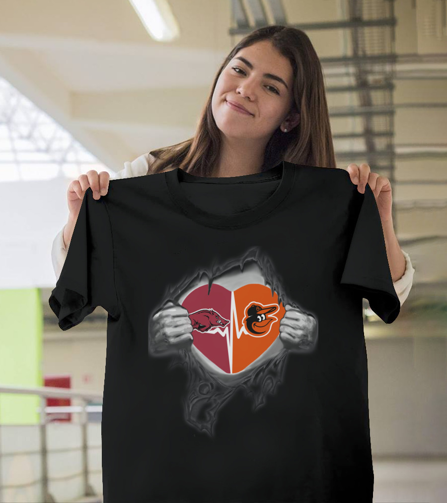 Arkansas Razorbacks Baltimore Orioles Heart Logos Pulled Open by Hands T-Shirt