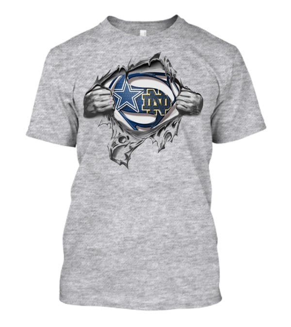 Cowboys Notre Dame Fighting Irish Logos Superman Chest Tear T-Shirt