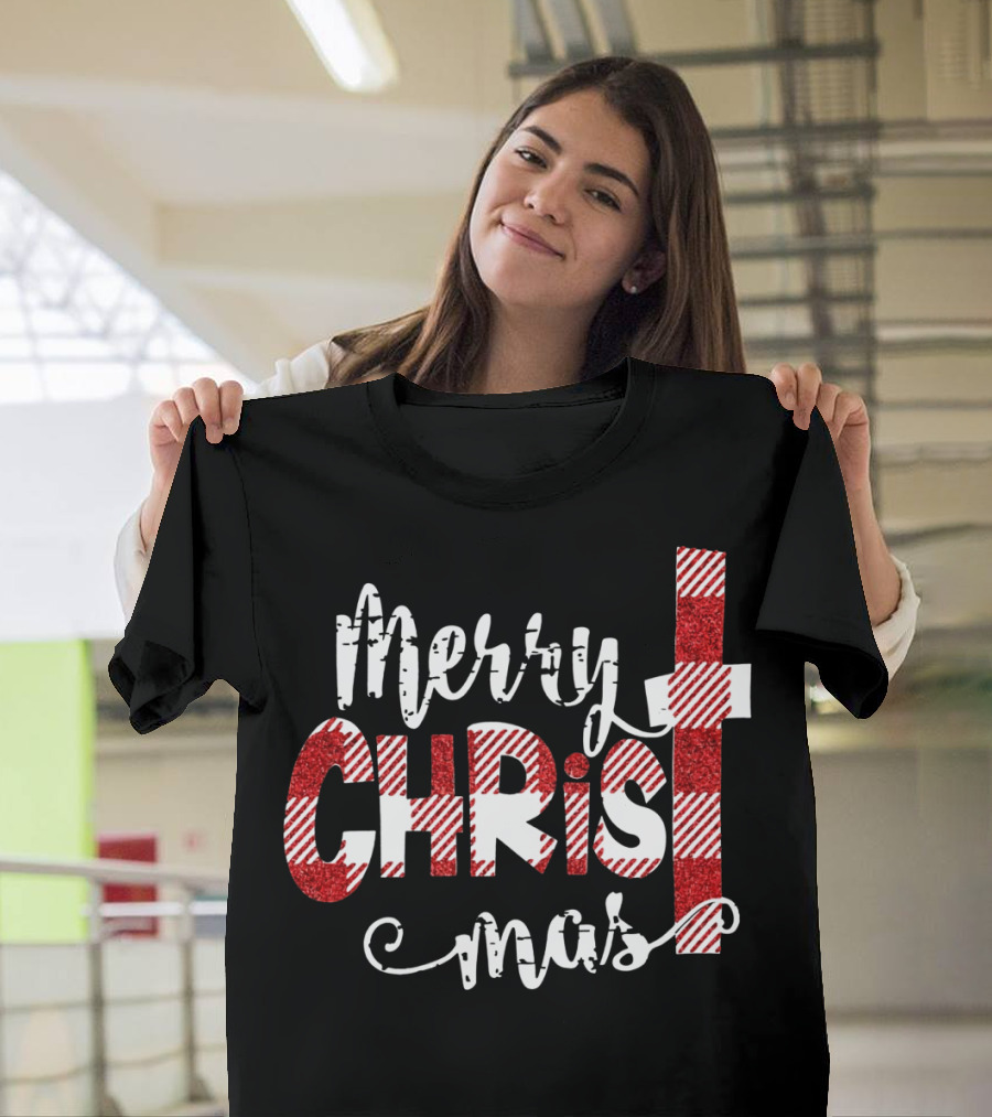 Merry Christ Mas Striped Cross Red Glitter T-Shirt