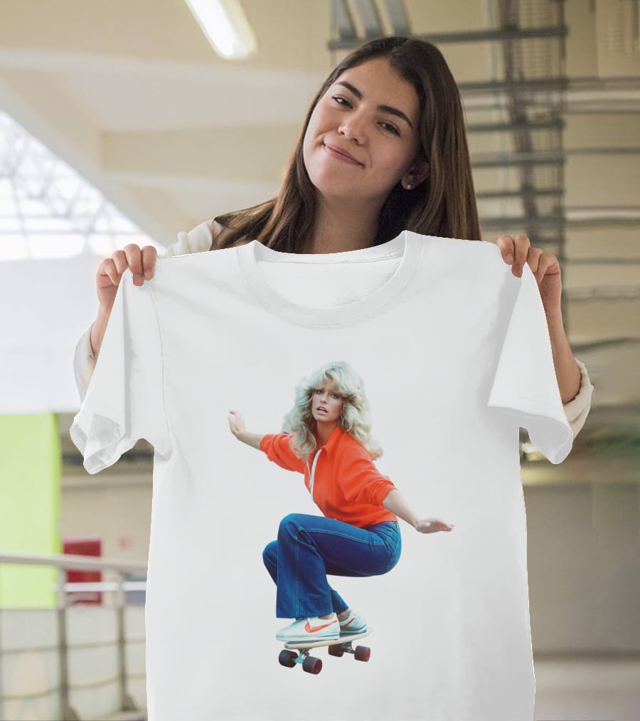 Farrah Fawcett Iconic Skateboarding Pose In Red Sweater And Sneakers T-Shirt