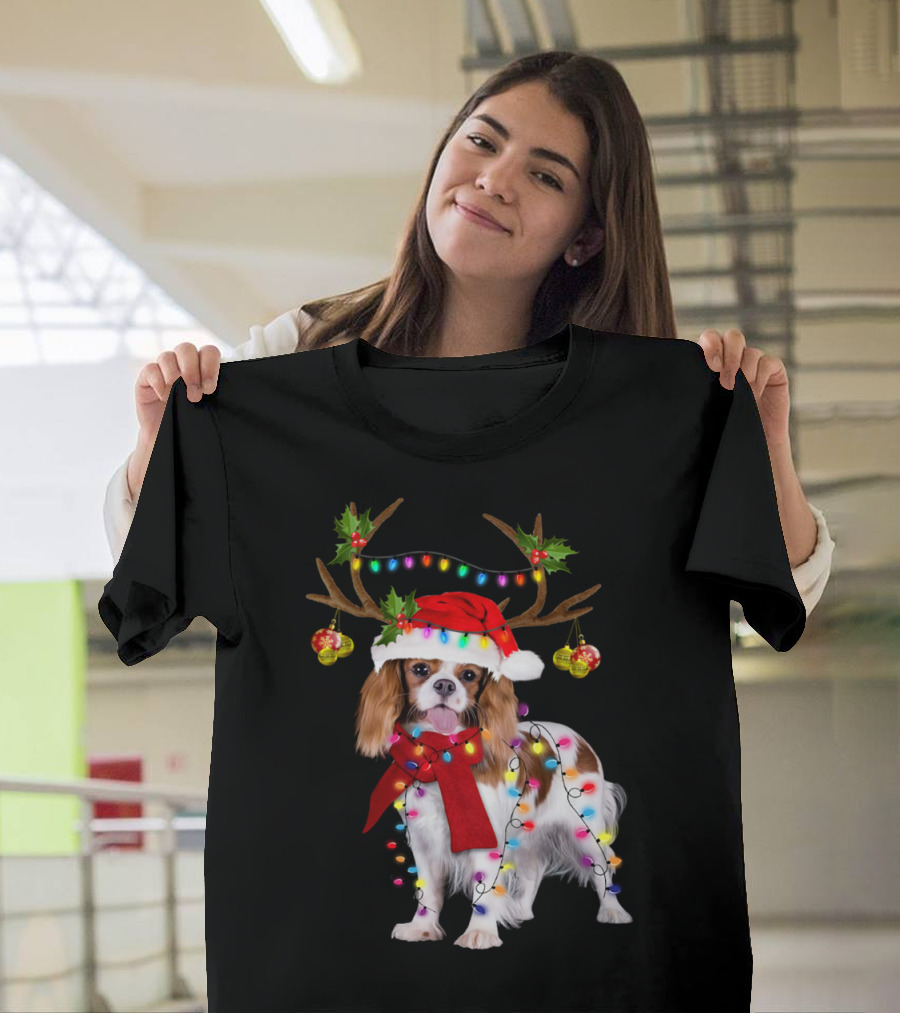 Cavalier King Charles Spaniel Christmas Reindeer Lights T-Shirt