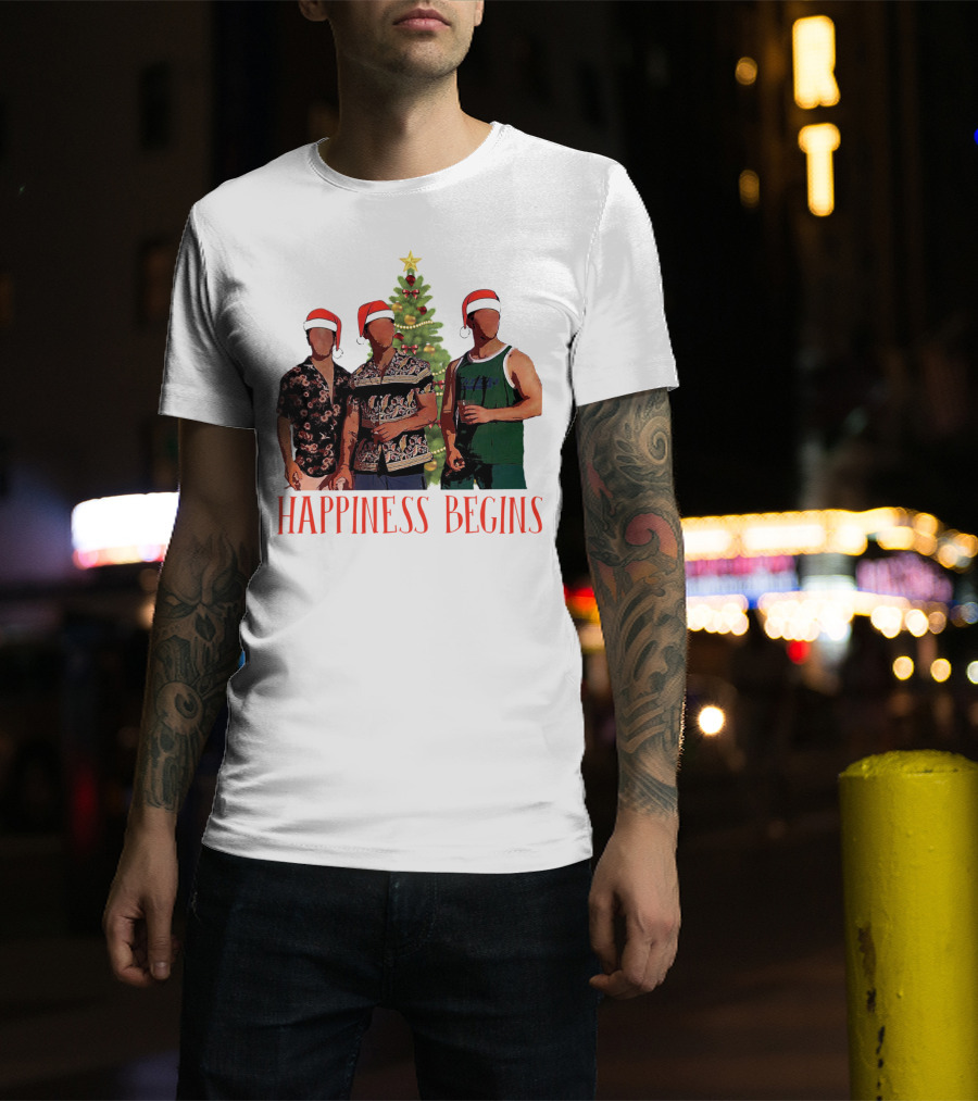 Happiness Begins Santa Trio With Christmas Tree T-Shirt