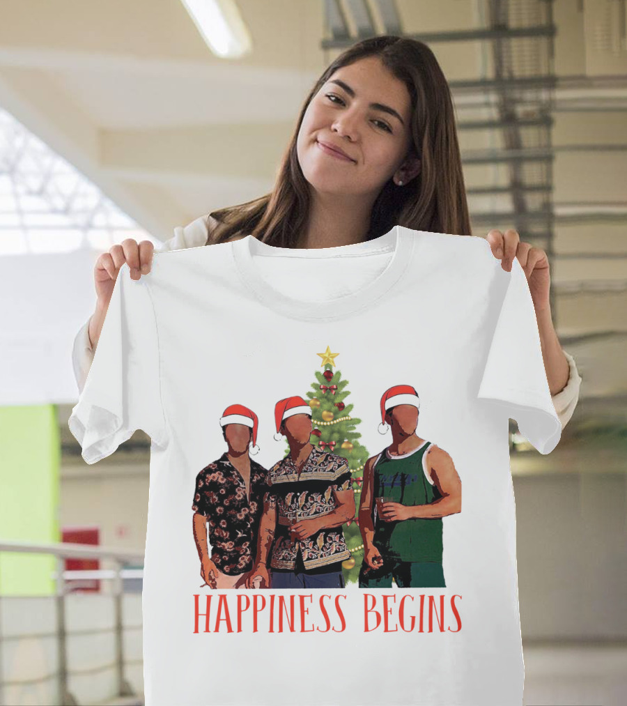 Happiness Begins Santa Trio with Christmas Tree T-Shirt