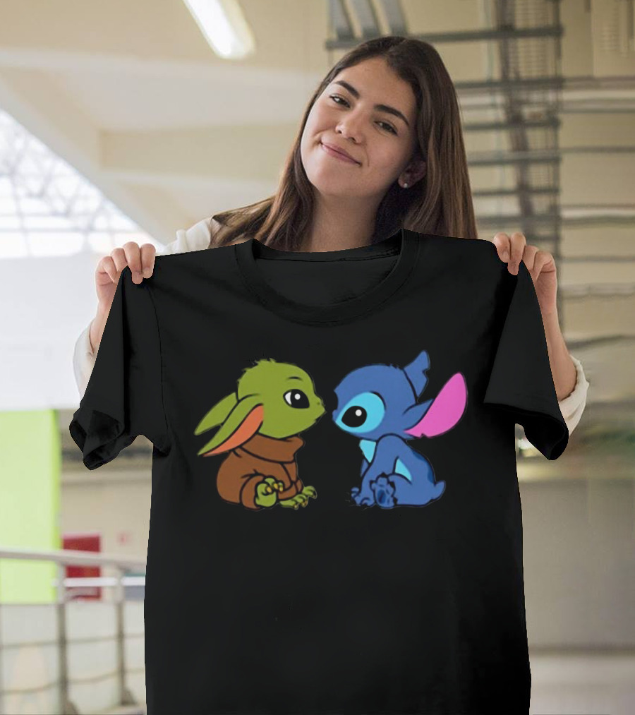 Baby Yoda And Baby Stitch Cute Characters Crossover T-Shirt