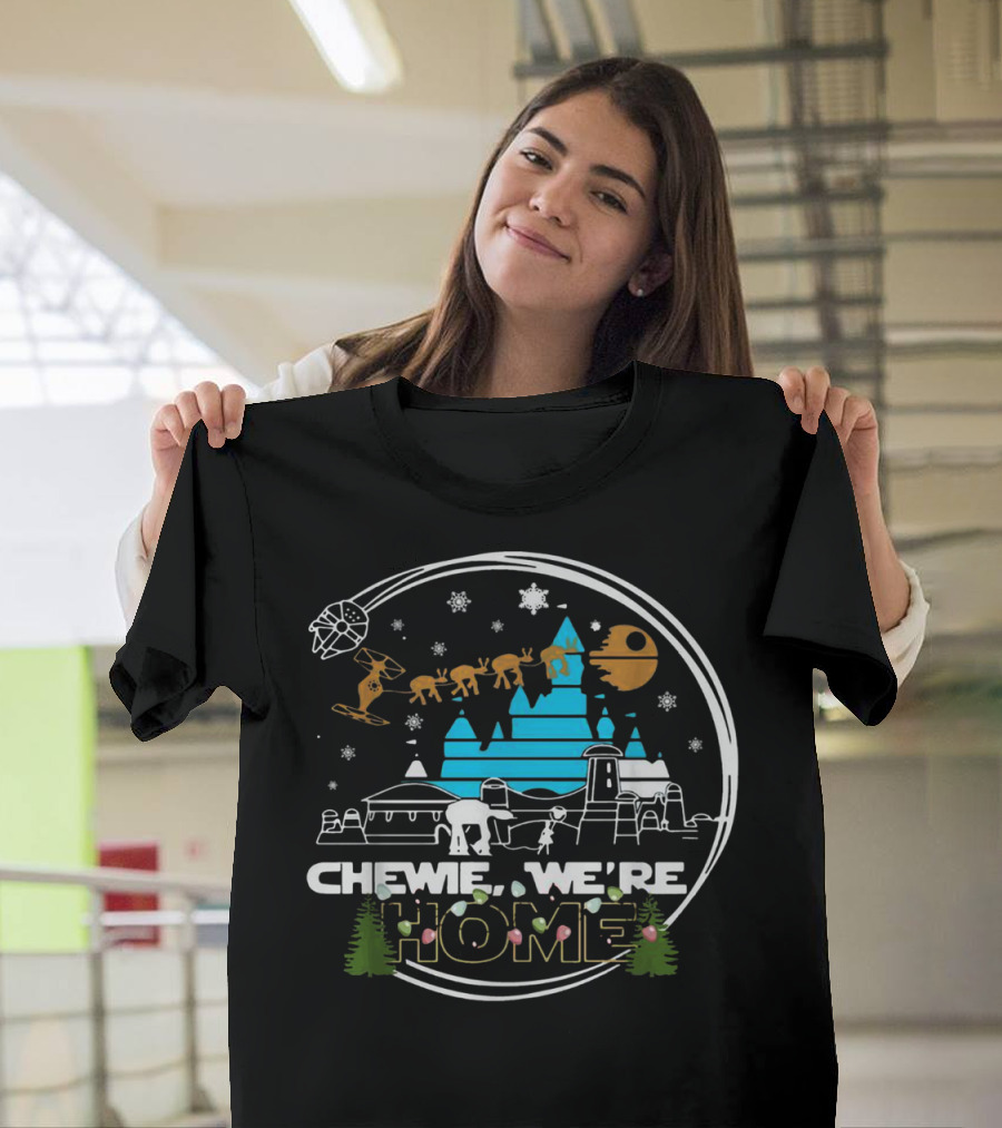 Disney Star Wars Chewie We're Home Snowflake Millennium Falcon Christmas Trees T-Shirt