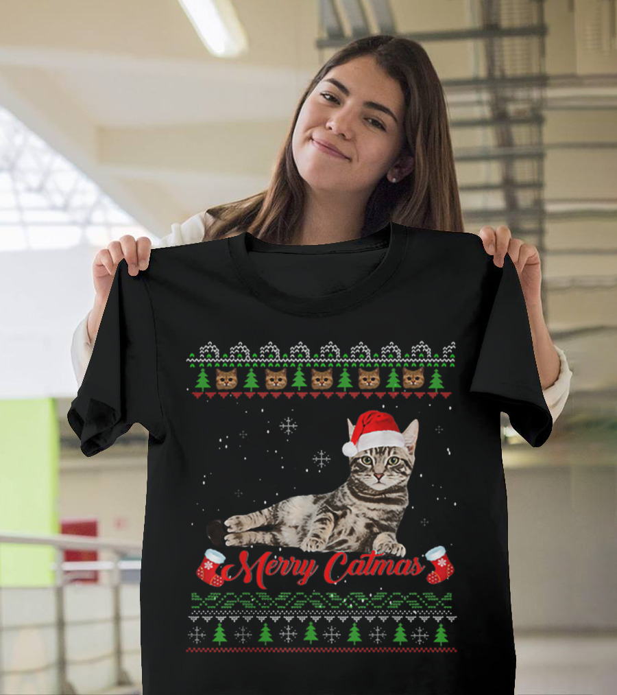 Merry Catmas Christmas Cat Santa Hat Festive Design With Christmas Trees And Stockings T-Shirt