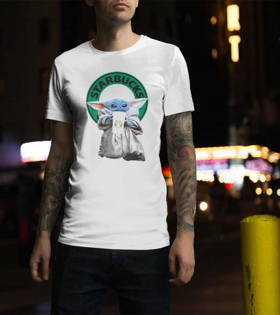 Star Wars Baby Yoda Holding Starbucks Coffee Cup T-Shirt