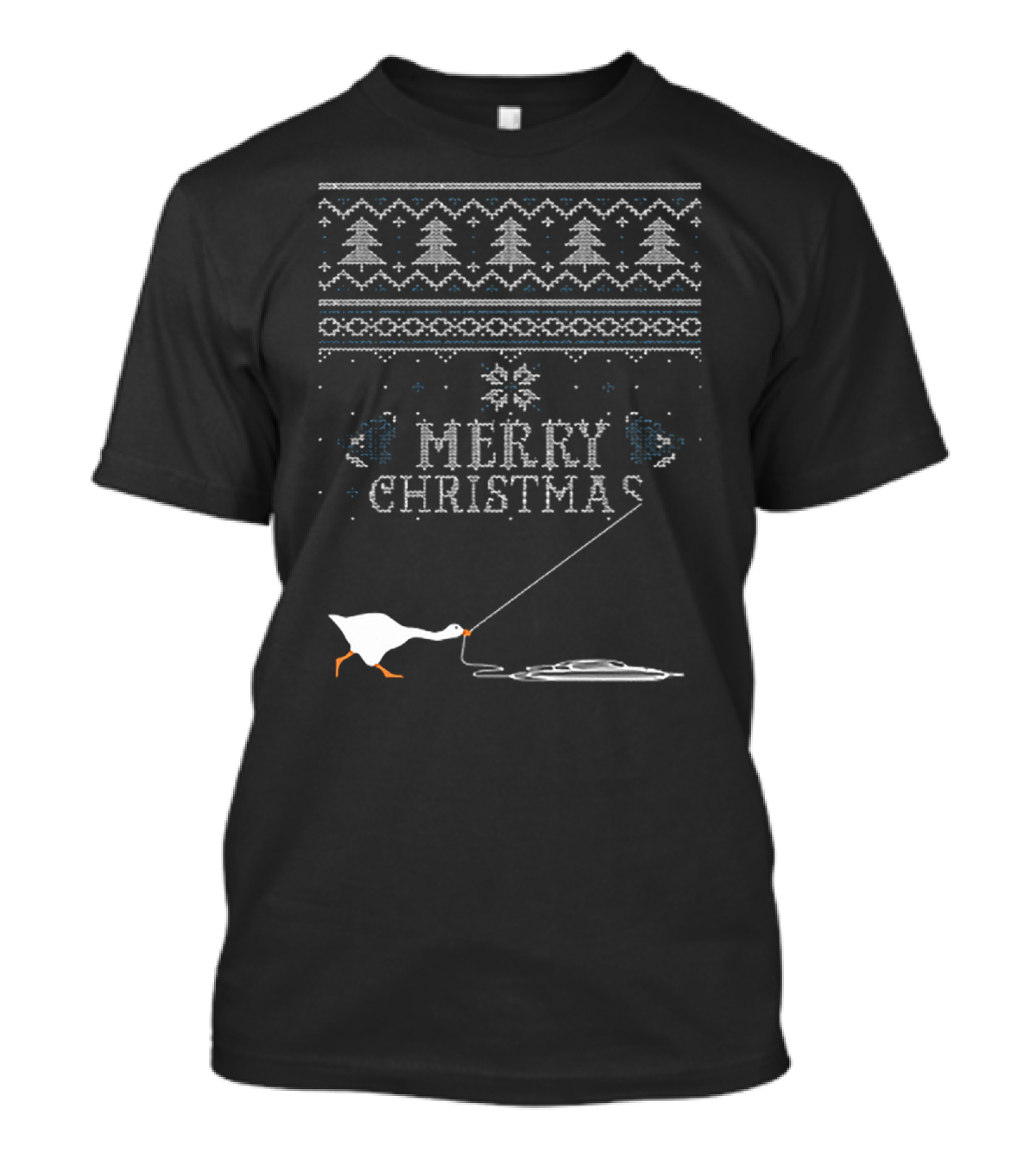 Merry Christmas Tree Pattern With Goose Pulling String T-Shirt