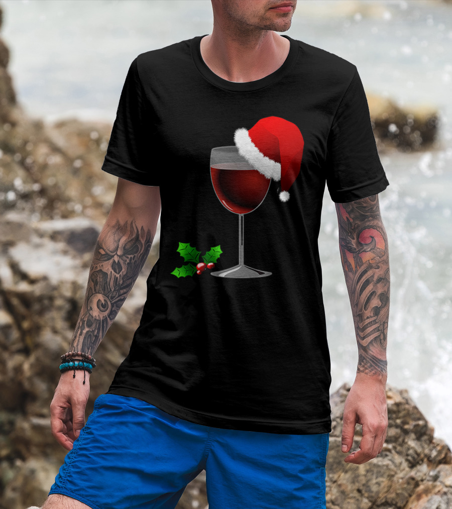 Wine Christmas Santa Hat Holly T-Shirt