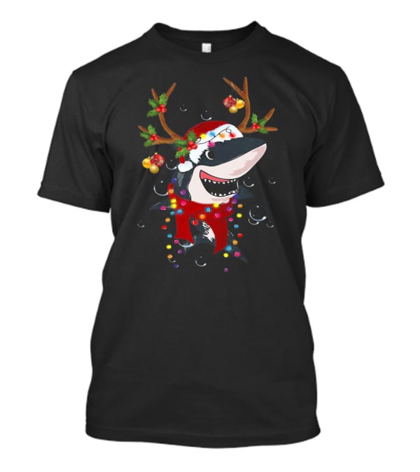 Shark With Christmas Reindeer Antlers And Santa Hat T-Shirt
