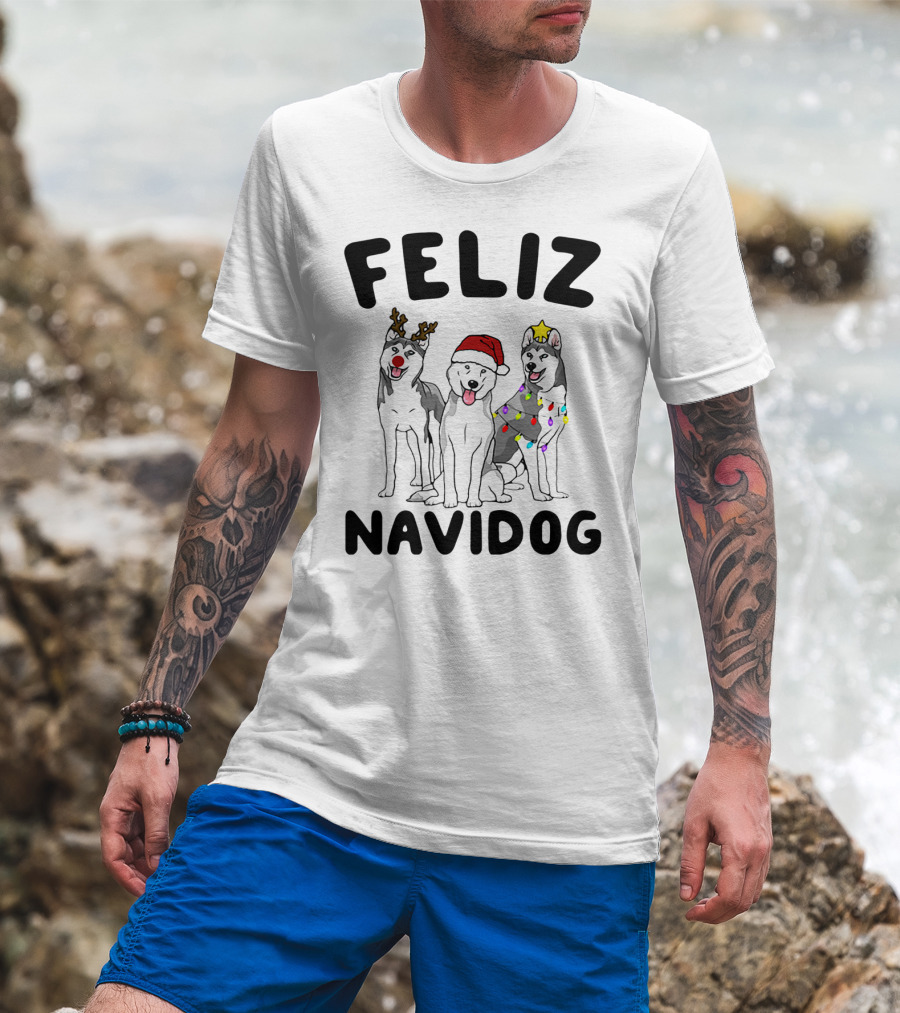 Feliz Navidog Husky Reindeer Santa Lights T-Shirt