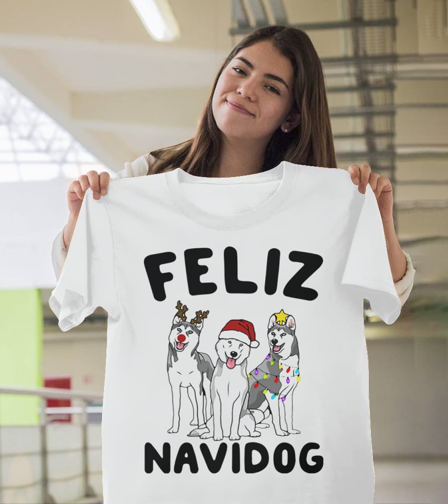 Feliz Navidog Husky Reindeer Santa Lights T-Shirt