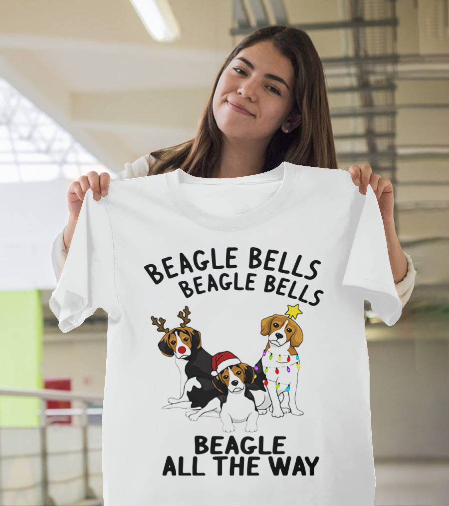 Beagle Bells Beagle All The Way Christmas Theme With Santa Hat And Reindeer Antlers T-Shirt
