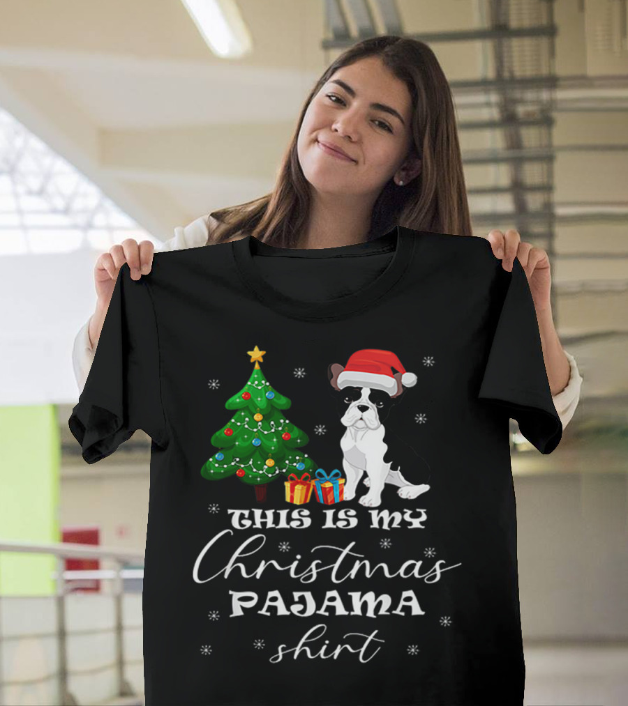This Is My Christmas Pajama Shirt Bulldog Santa Hat Christmas Tree Presents T-Shirt