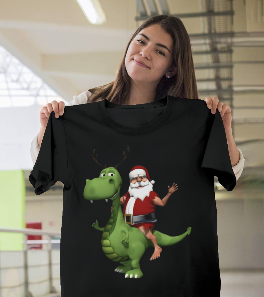 Santa Riding Rex Dinosaur Reindeer Christmas Holiday Fun T-Shirt