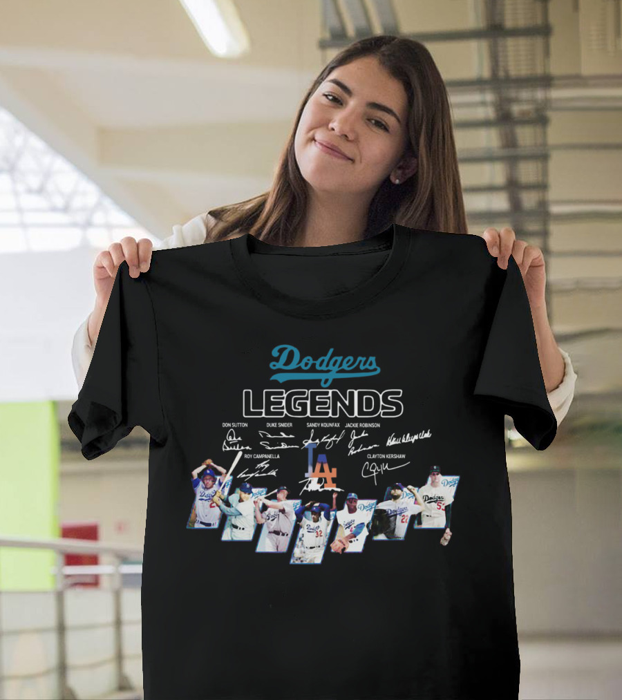 Dodgers Legends Don Sutton Duke Snider Sandy Koufax Jackie Robinson Roy Campanella Kirk Gibson Clayton Kershaw Signatures T-Shirt