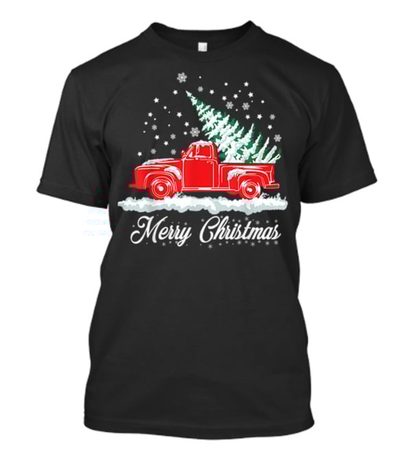 Merry Christmas Classic Old Red Truck With XMAS Tree Snowflakes T-Shirt