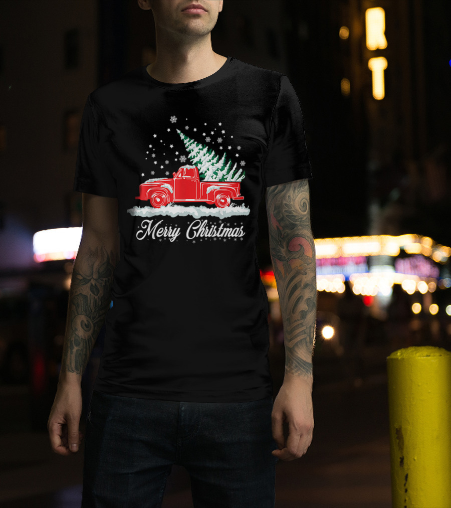 Merry Christmas Classic Old Red Truck With XMAS Tree Snowflakes T-Shirt