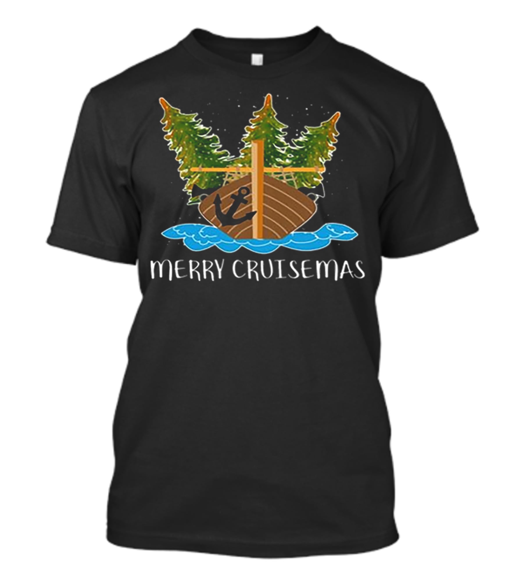 Merry Cruisemas Christmas Cruise Ship With Anchor And Festive Trees T-Shirt
