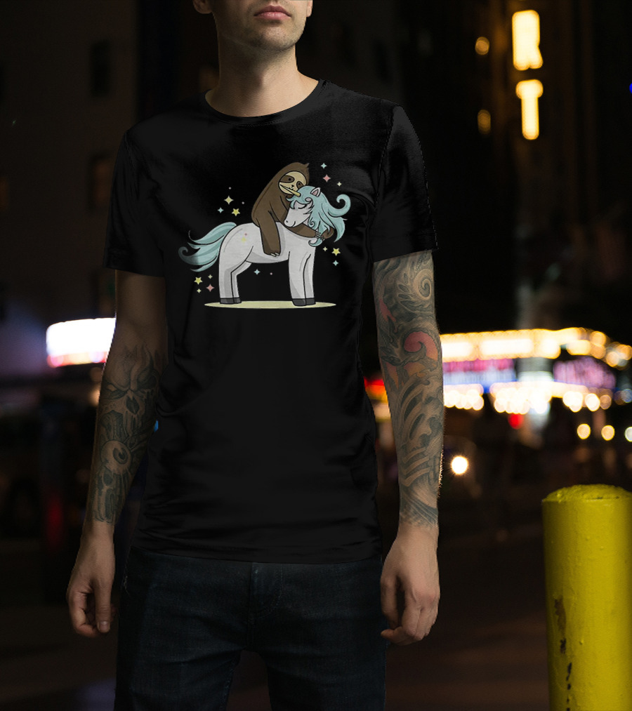 Sloth Hugging Magical Unicorn Surrounded By Sparkling Stars T-Shirt