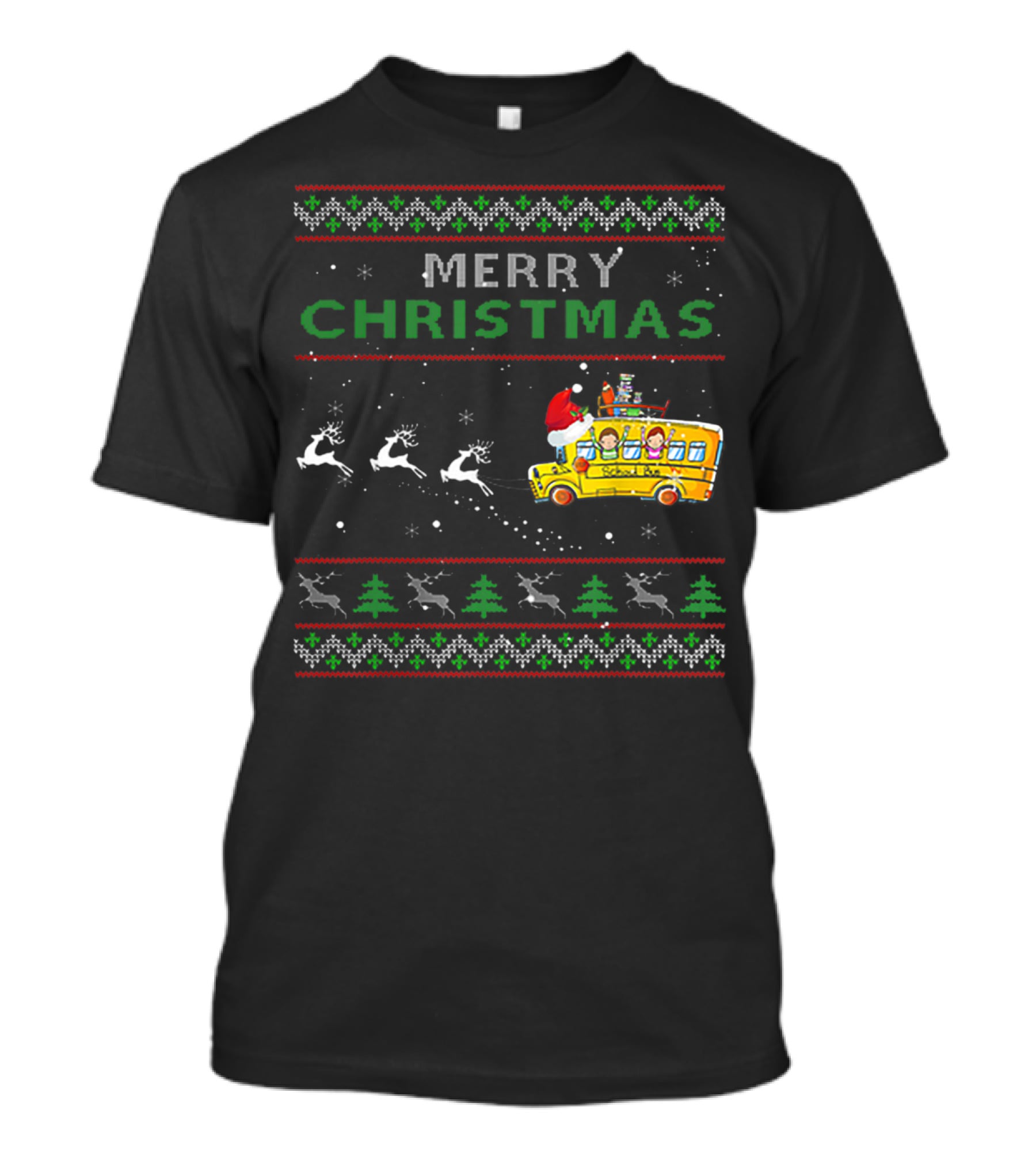 Merry Christmas School Bus Driver Santa And Reindeer Holiday T-Shirt