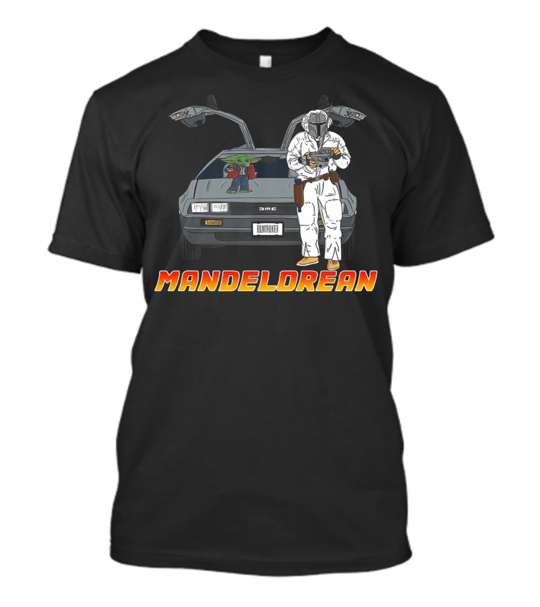 Mandelorean Baby Yoda And Boba Fett With DeLorean Car T-Shirt