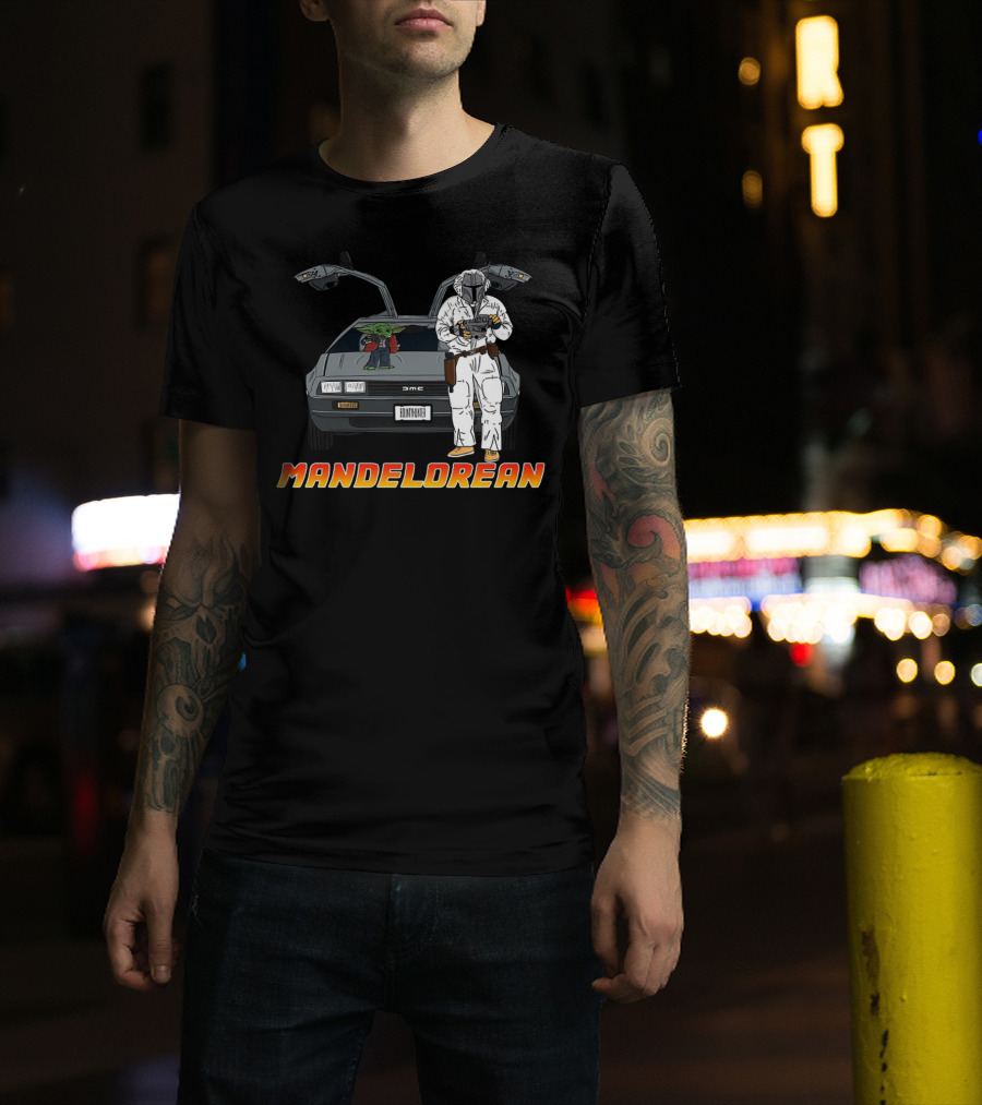 Mandelorean Baby Yoda And Boba Fett With DeLorean Car T-Shirt