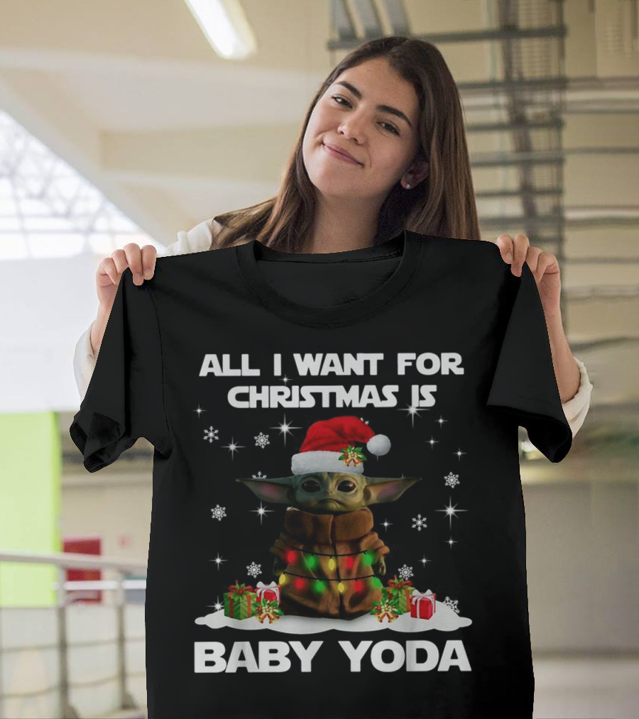 All I Want For Christmas Is Baby Yoda Star Wars Santa Hat Snowflakes Gifts T-Shirt