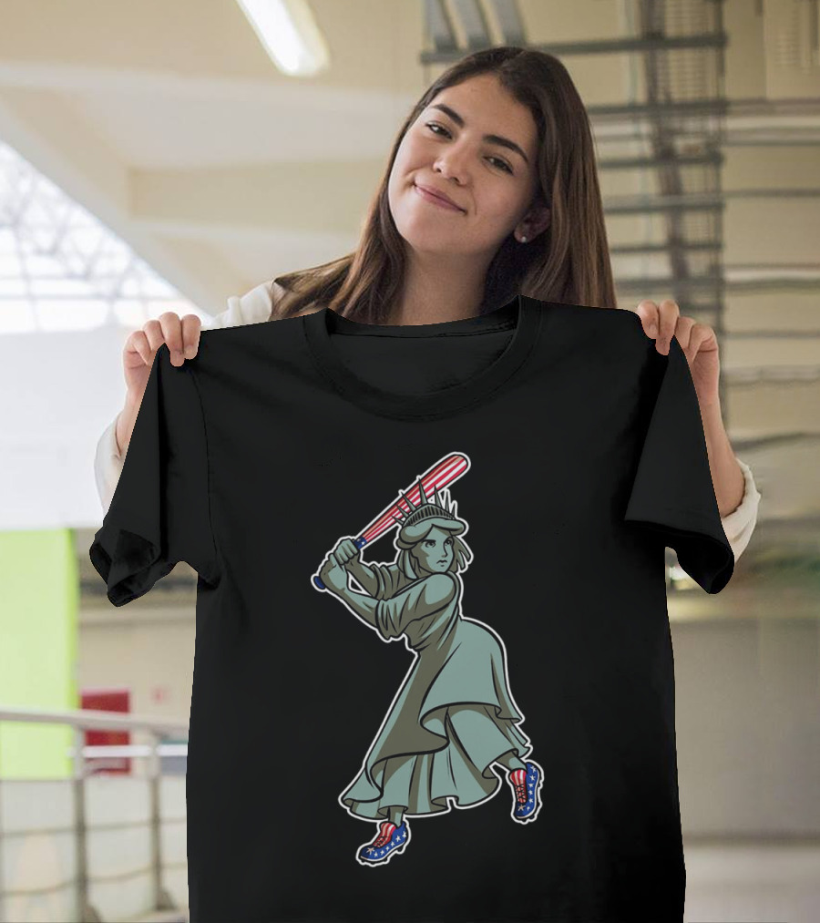 Liberty Statue Playing Baseball With American Flag Bat And Star-Spangled Shoes T-Shirt