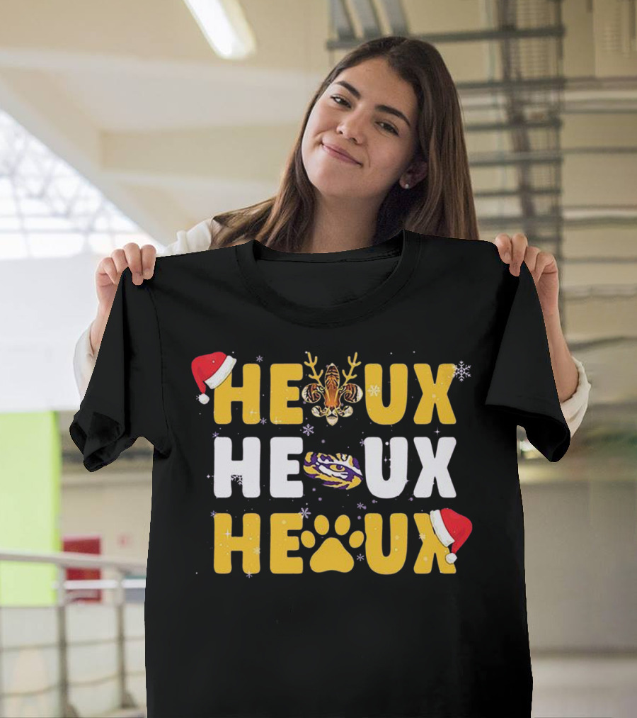 LSU Tigers Heaux Heaux Heaux Christmas Paw Snowflakes Antlers Santa Hat T-Shirt