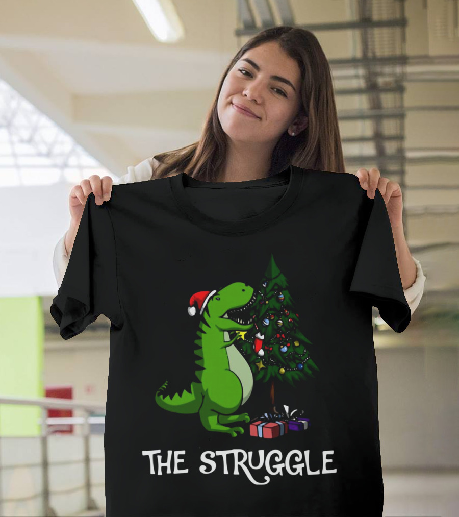 T Rex Dinosaur The Struggle With Christmas Tree T-Shirt