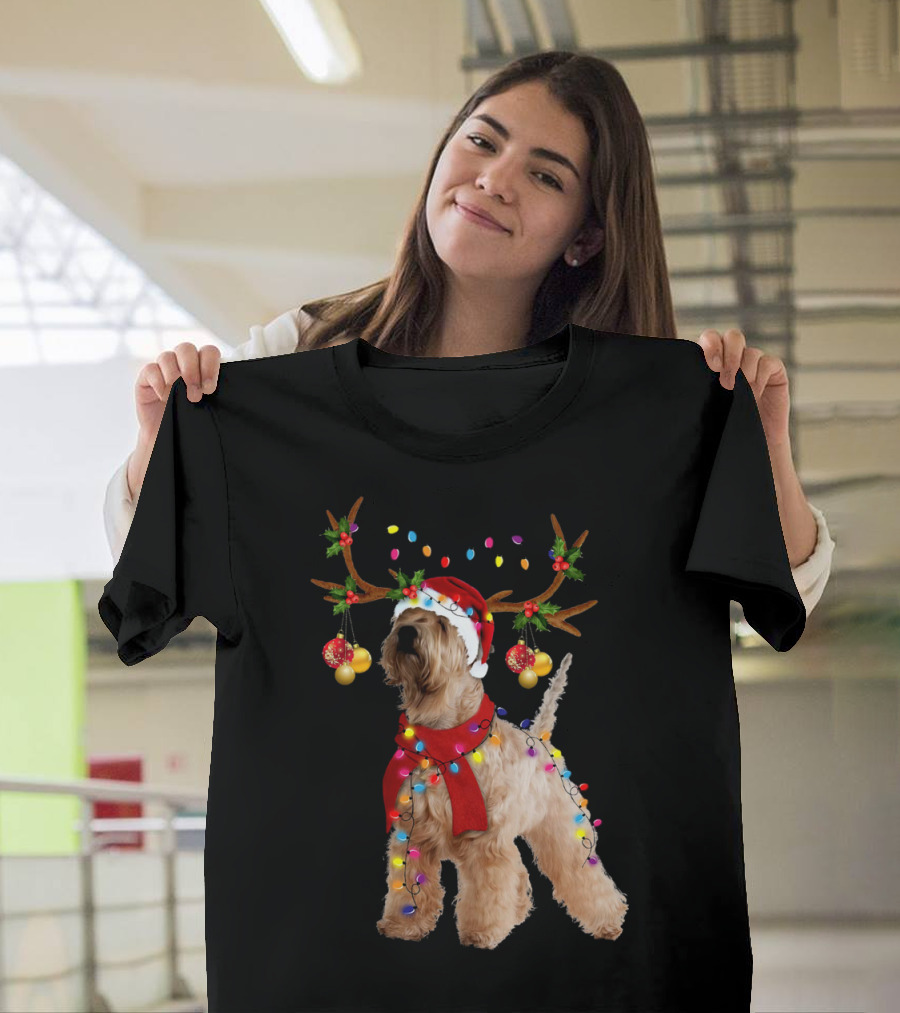 Christmas Wheaten Terrier With Santa Hat And Reindeer Antlers T-Shirt