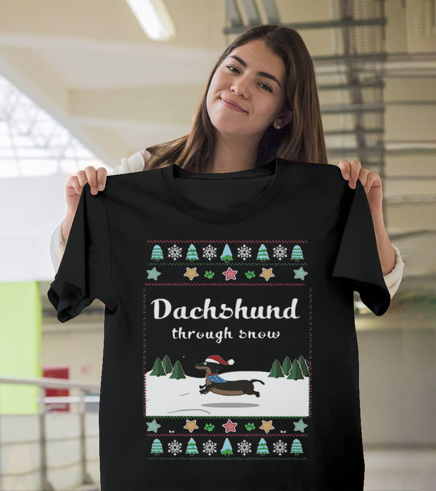 Dachshund Through Snow Christmas Sweater Style with Trees and Stars T-Shirt