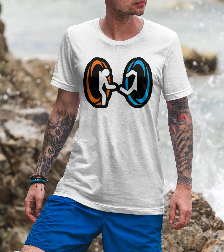 Orange And Blue Portal Stick Figure Couple T-Shirt