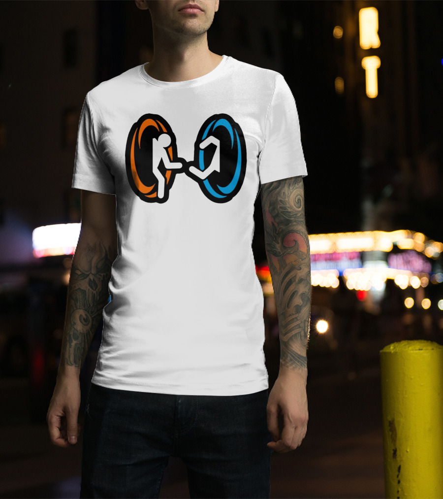 Orange And Blue Portal Stick Figure Couple T-Shirt