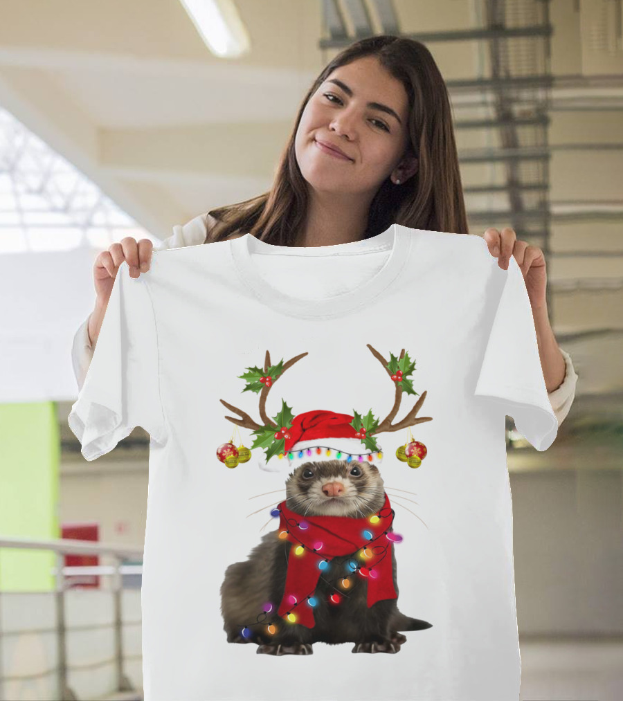 Otter with Festive Lights and Reindeer Antlers Holiday T-Shirt
