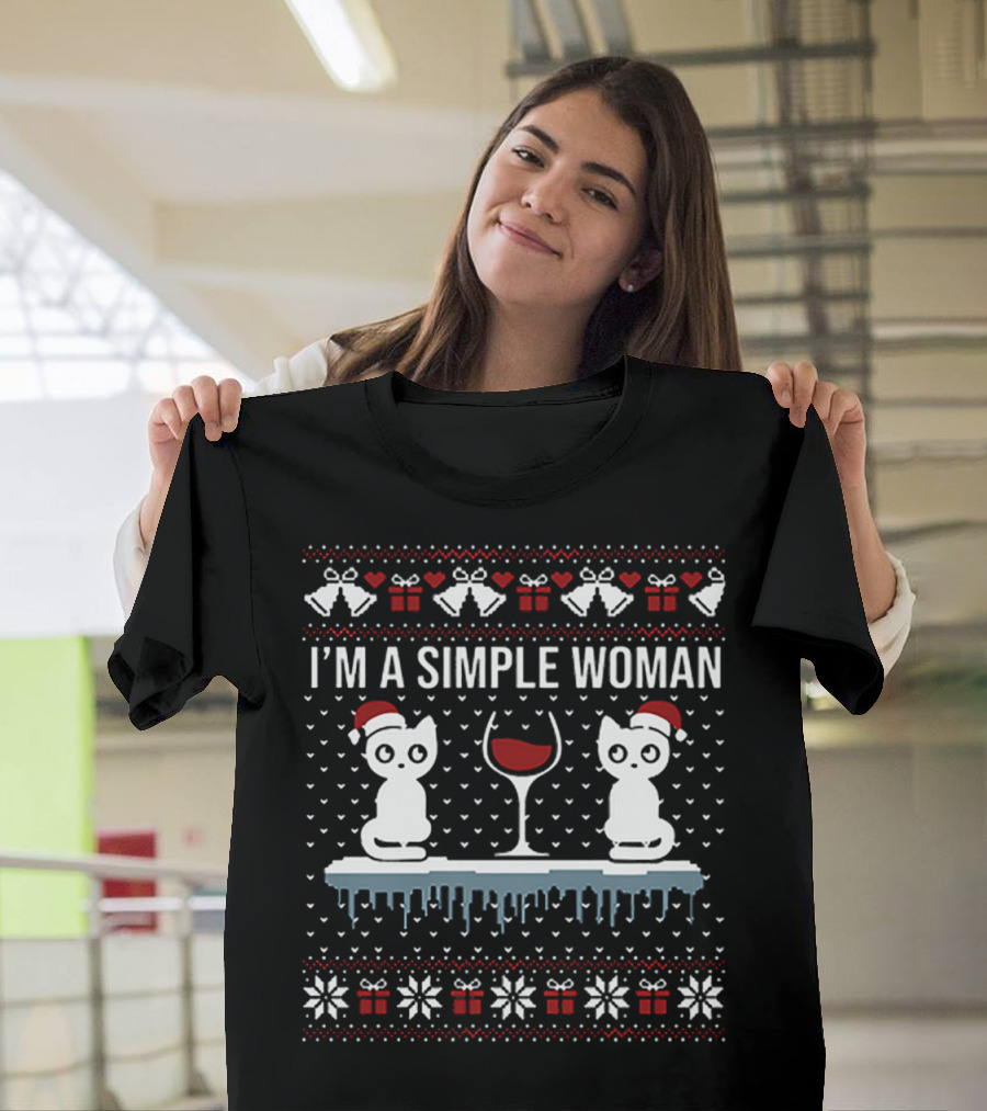 I’m a Simple Woman with Cats Wine and Christmas T-Shirt