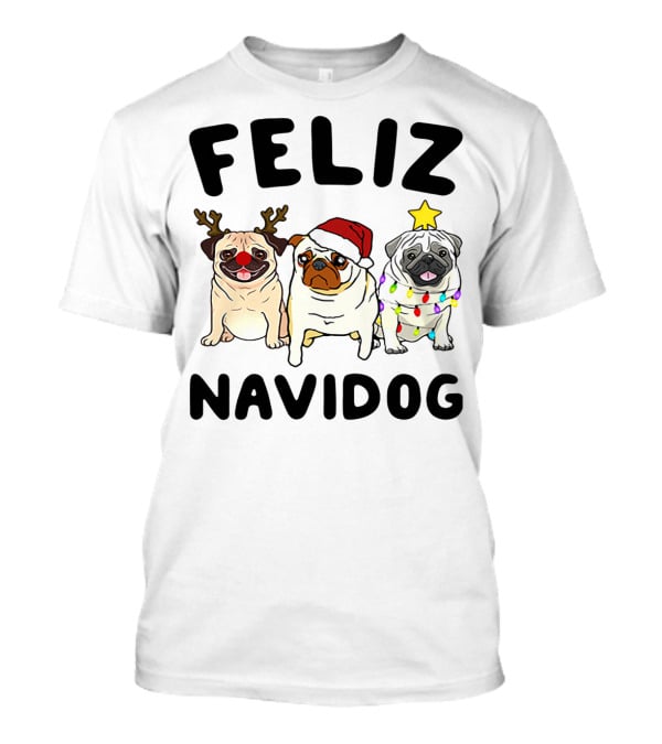 Feliz Navidog Pugs Christmas Reindeer Santa Lights T-Shirt