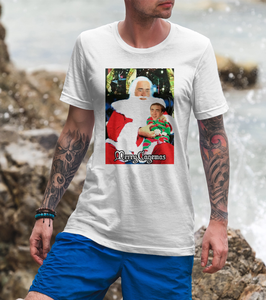 Santa Claus Nicolas Cage Merry Cagemas Christmas Scene T-Shirt
