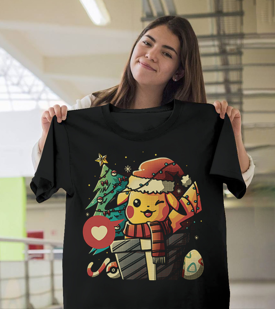 Pikachu In Santa Hat With Electric Christmas Tree And Candy Cane T-Shirt
