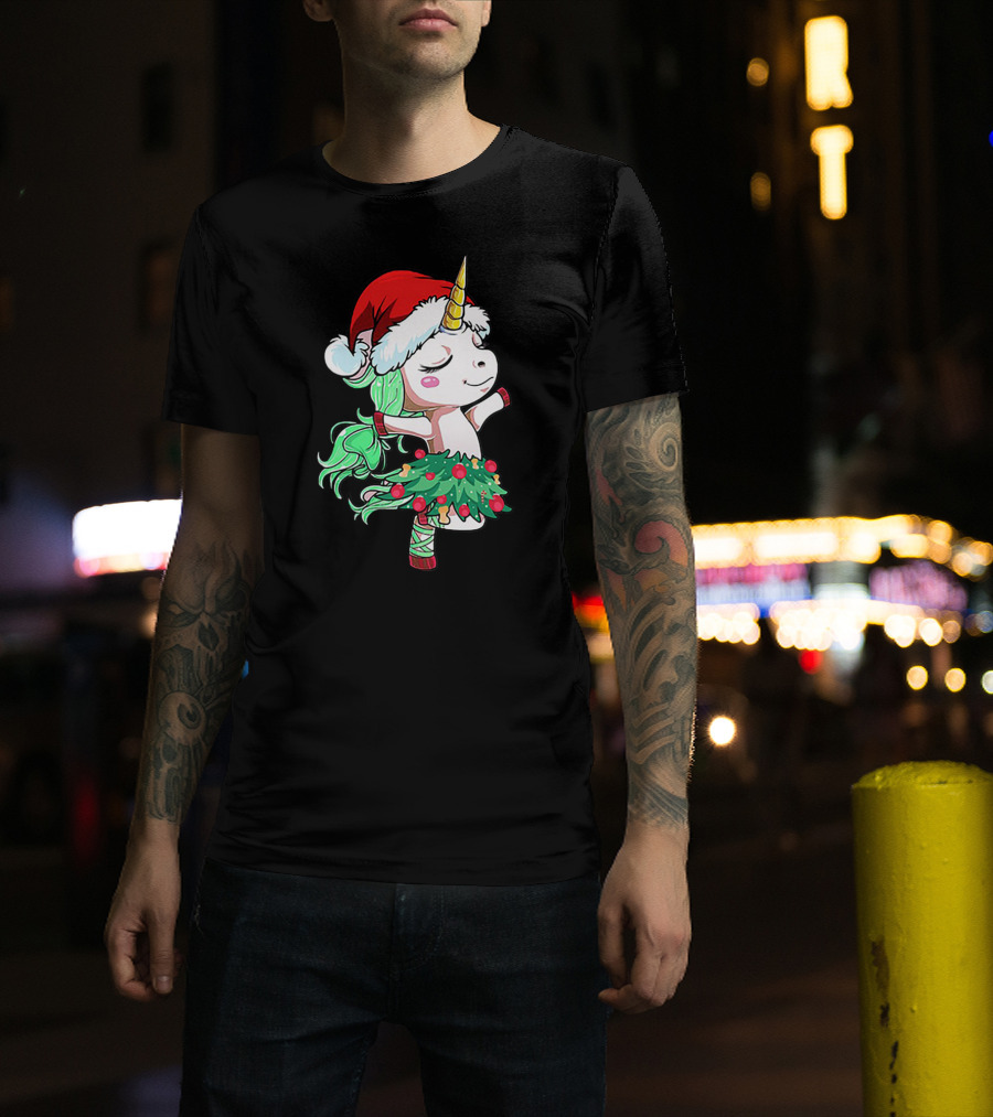 Santa Unicorn Christmas Tree Festive Dance T-Shirt