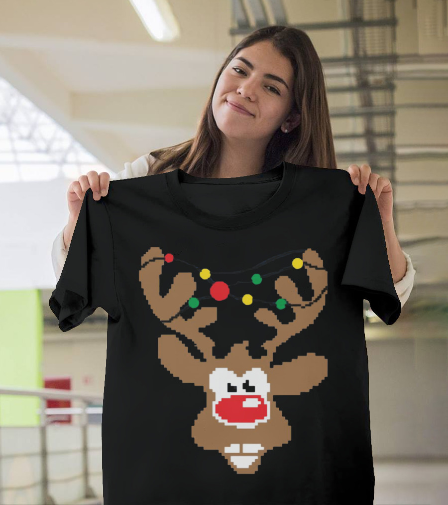 Christmas Youth Pixel Reindeer With Colorful Lights T-Shirt