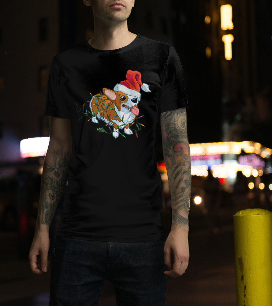 Corgi Christmas Lights Santa Hat T-Shirt