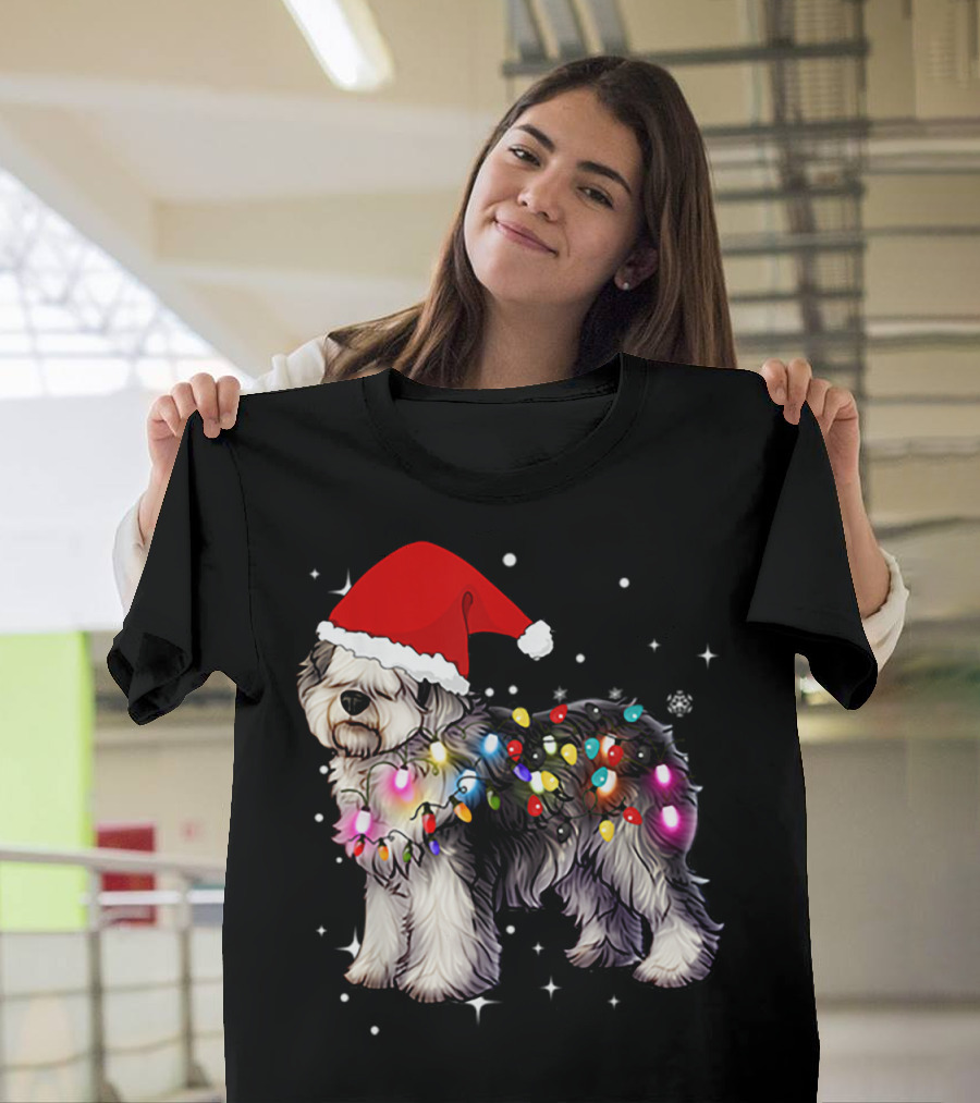 Christmas Lights Olde English Sheepdog Santa Hat T-Shirt