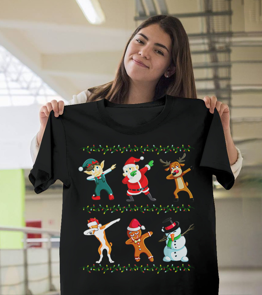 Dabbing Santa Basenji Elf Reindeer Gingerbread Snowman Christmas Lights T-Shirt